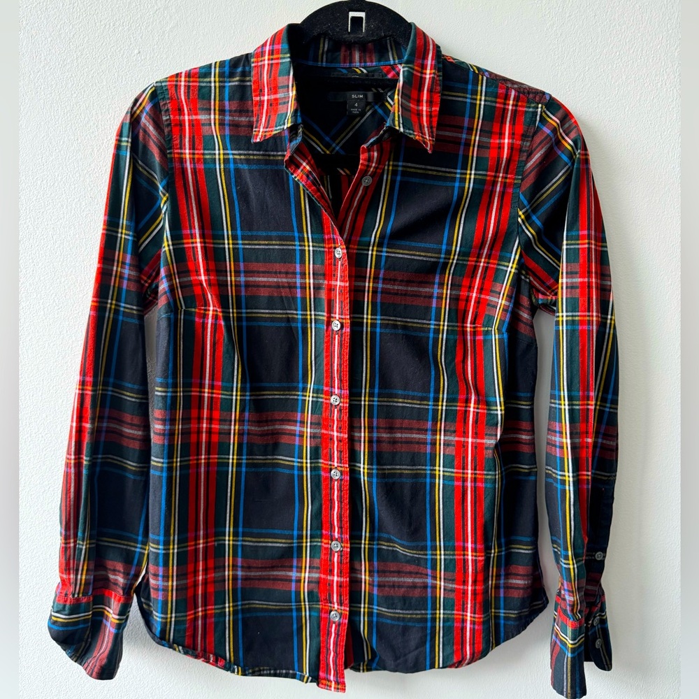 J.Crew Black Red Tartan Plaid Curvy Button Down Shirt